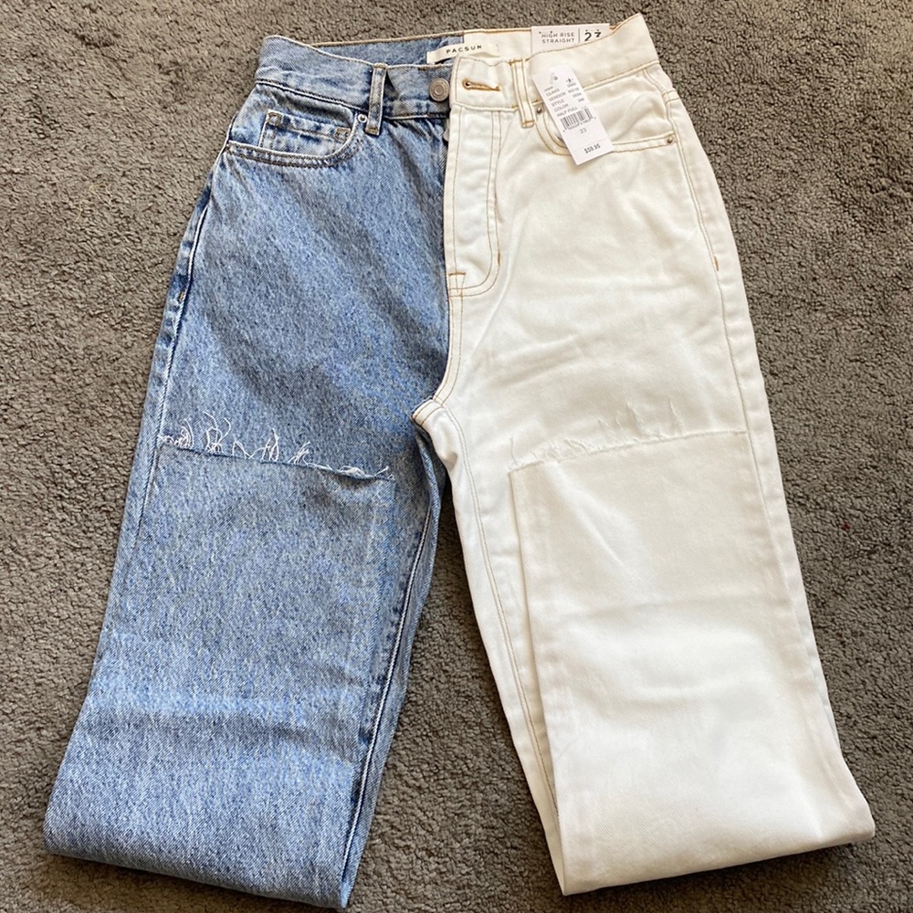 NWT PacSun High Rise Straight Two Tone Blue White Denim Jeans Frayed Hem JR 22